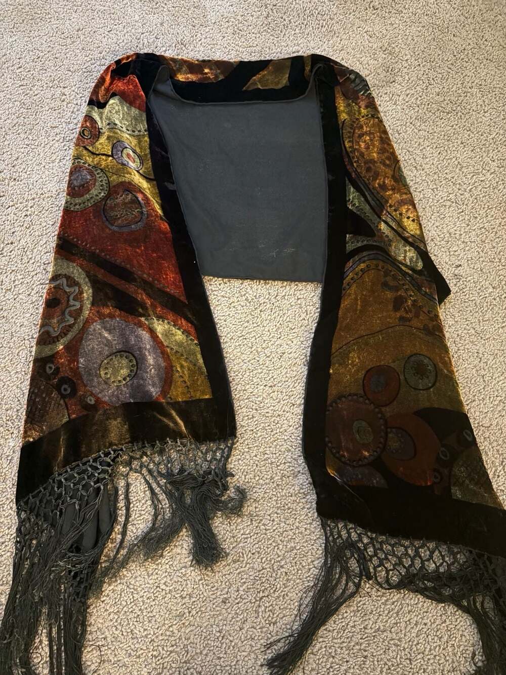 LM Lulu Paris Velvet Paisley and Geometric Print Fringe Shawl